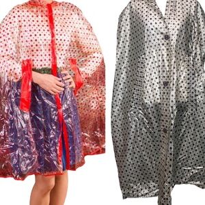 Vintage 1960’s Cream Vinyl Button-Up Raincoat Cape Brown Polka Dot - One Size